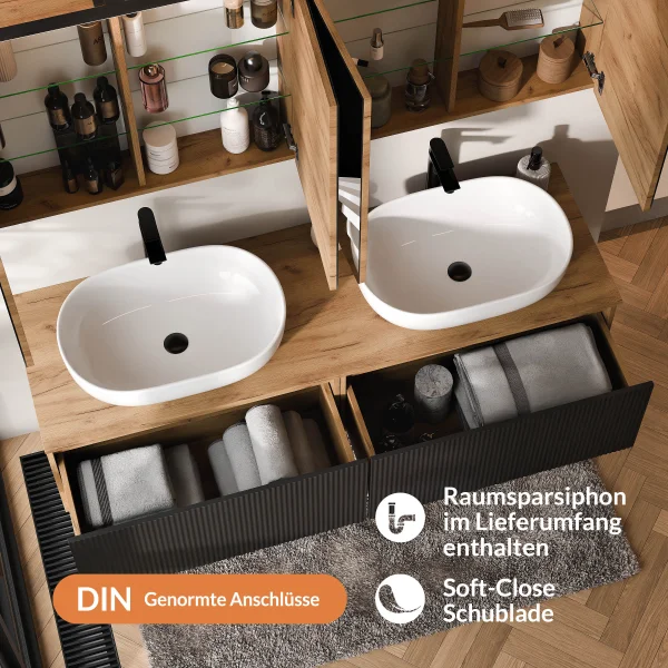 ARISA Double Vanity Unit, 160 cm, in Black Ribbed, with 2 ARIA 80 cm LED Mirror Cabinets and 2 white 60 cm ceramic countertop sinks