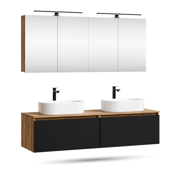 ARISA Double Vanity Unit, 160 cm, in Black Ribbed, with 2 ARIA 80 cm LED Mirror Cabinets and 2 white 55 cm ceramic countertop sinks