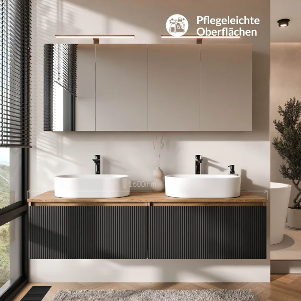 ARISA Double Vanity Unit, 160 cm, in Black Ribbed, with 2 ARIA 80 cm LED Mirror Cabinets and 2 white 55 cm ceramic countertop sinks