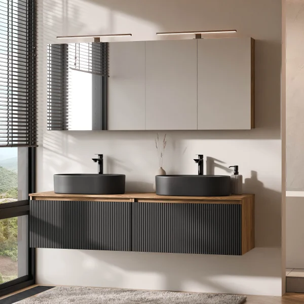 Meuble-lavabo double ARISA 160 cm, noir strié, avec 2 armoires de toilette à LED ARIA 80 cm et 2 vasques en céramique noires à poser 55 cm