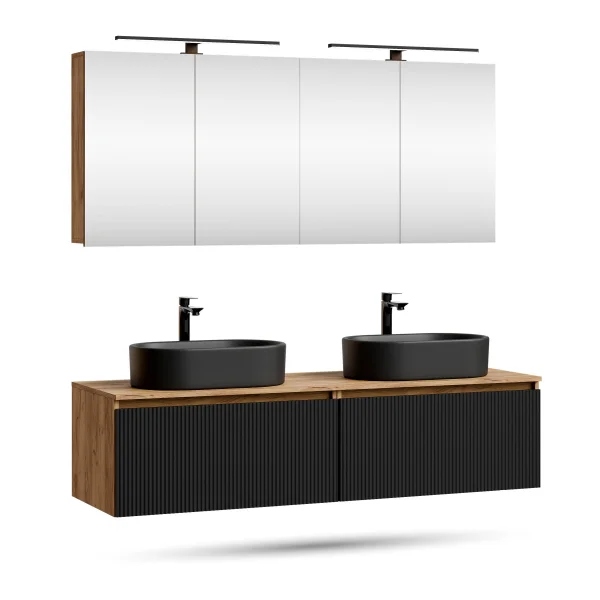 Meuble-lavabo double ARISA 160 cm, noir strié, avec 2 armoires de toilette à LED ARIA 80 cm et 2 vasques en céramique noires à poser 55 cm