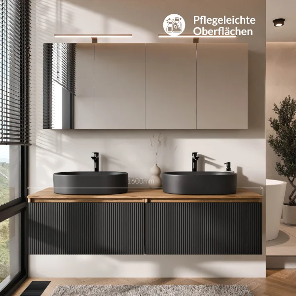 Meuble-lavabo double ARISA 160 cm, noir strié, avec 2 armoires de toilette à LED ARIA 80 cm et 2 vasques en céramique noires à poser 55 cm