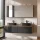 Meuble-lavabo double ARISA 160 cm, noir strié, avec 2 armoires de toilette à LED ARIA 80 cm et 2 vasques en céramique noires à poser 55 cm