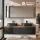 Meuble-lavabo double ARISA 160 cm, noir strié, avec 2 armoires de toilette à LED ARIA 80 cm et 2 vasques en céramique noires à poser 55 cm