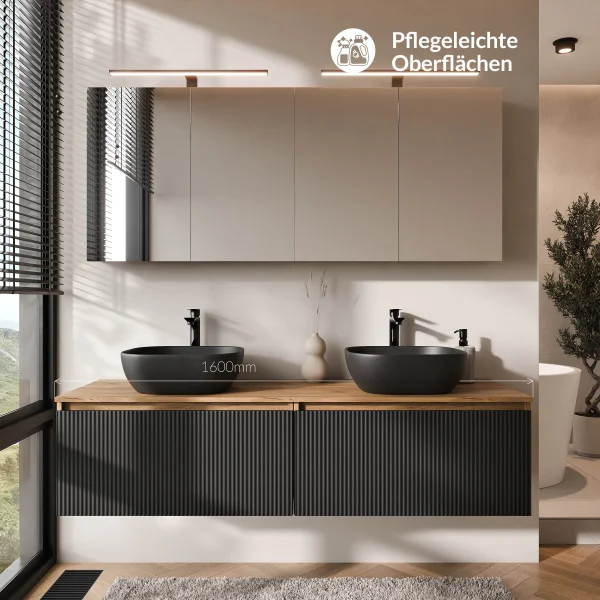 Meuble-lavabo double ARISA 160 cm, noir strié, avec 2 armoires de toilette à LED ARIA 80 cm et 2 vasques en céramique noires à poser de 42 cm