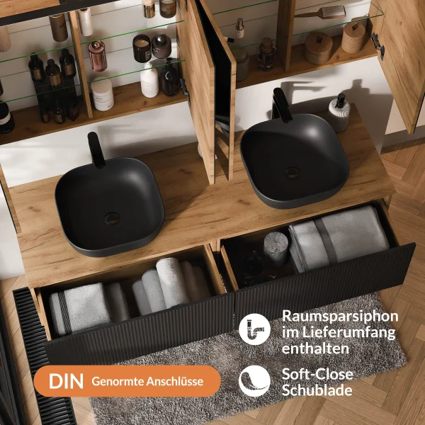 Meuble-lavabo double ARISA 160 cm, noir strié, avec 2 armoires de toilette à LED ARIA 80 cm et 2 vasques en céramique noires à poser de 42 cm