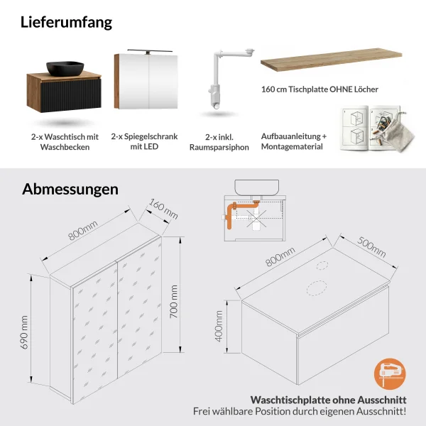 Meuble-lavabo double ARISA 160 cm, noir strié, avec 2 armoires de toilette à LED ARIA 80 cm et 2 vasques en céramique noires à poser de 42 cm
