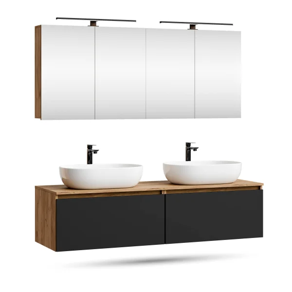 ARISA Doppelwaschtisch 160 cm in Schwarz mit 2 LED Spiegelschränken ARIA 80 cm und 2 weißen Keramik-Aufsatzwaschbecken 60 cm