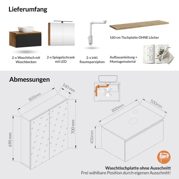 ARISA Doppelwaschtisch 160 cm in Schwarz mit 2 LED Spiegelschränken ARIA 80 cm und 2 weißen Keramik-Aufsatzwaschbecken 42 cm