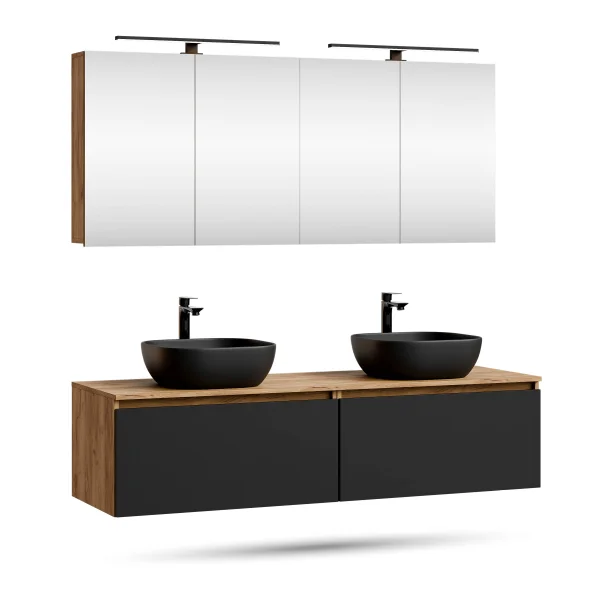 ARISA Double Vanity Unit, 160 cm, in Black, with 2 ARIA 80 cm LED Mirror Cabinets and 2 Black 42 cm Ceramic Countertop Sinks