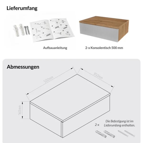 AMYRA: two floating nightstands, each 50 cm, in Gold Oak / White