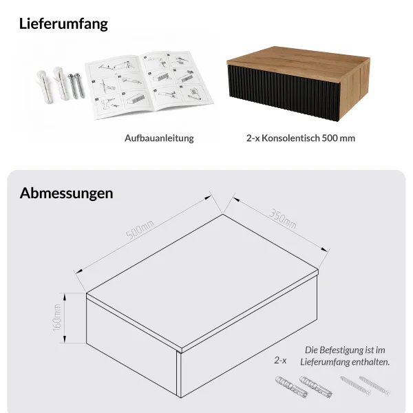 AMYRA zwei schwebende Nachttische je 50 cm in Gold Eiche / Schwarz