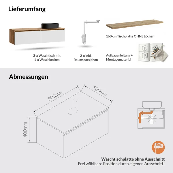 ARISA Doppelwaschtisch 160 cm in Weiß mit einem schwarzen Keramik-Aufsatzwaschbecken 55 cm
