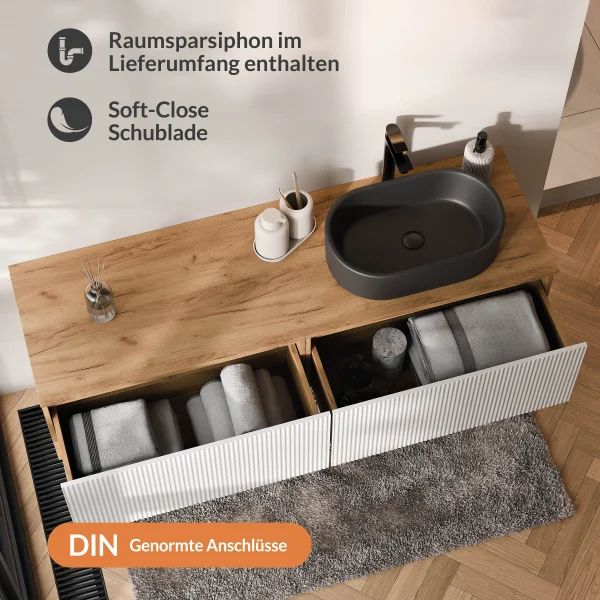 ARISA Double Vanity Unit, 160 cm, in White Ribbed, with a 55 cm Black Ceramic Countertop Sink