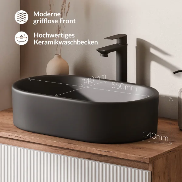 ARISA Double Vanity Unit, 160 cm, in White Ribbed, with a 55 cm Black Ceramic Countertop Sink