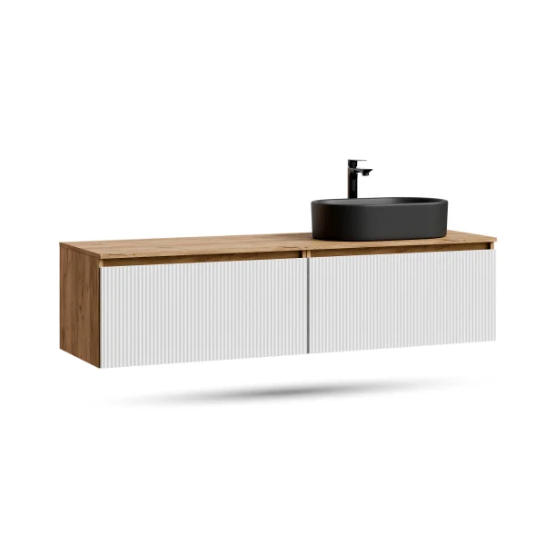 ARISA Double Vanity Unit, 160 cm, in White Ribbed, with a 55 cm Black Ceramic Countertop Sink