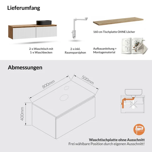ARISA Double Vanity Unit, 160 cm, in White Ribbed, with a 55 cm Black Ceramic Countertop Sink