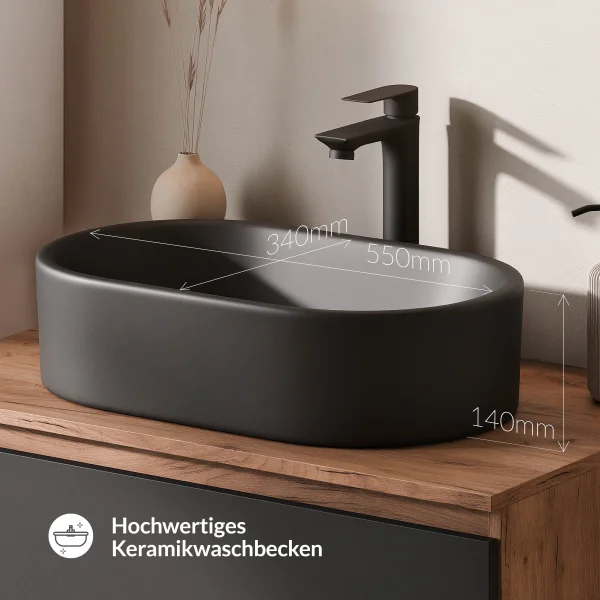 ARISA Doppelwaschtisch 160 cm in Schwarz mit einem schwarzen Keramik-Aufsatzwaschbecken 55 cm