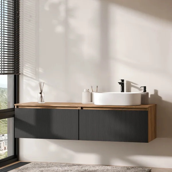 ARISA Double Vanity Unit, 160 cm, in Black Ribbed with a 55 cm White Ceramic Countertop Sink