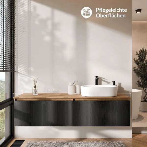 ARISA Double Vanity Unit, 160 cm, in Black Ribbed with a 55 cm White Ceramic Countertop Sink