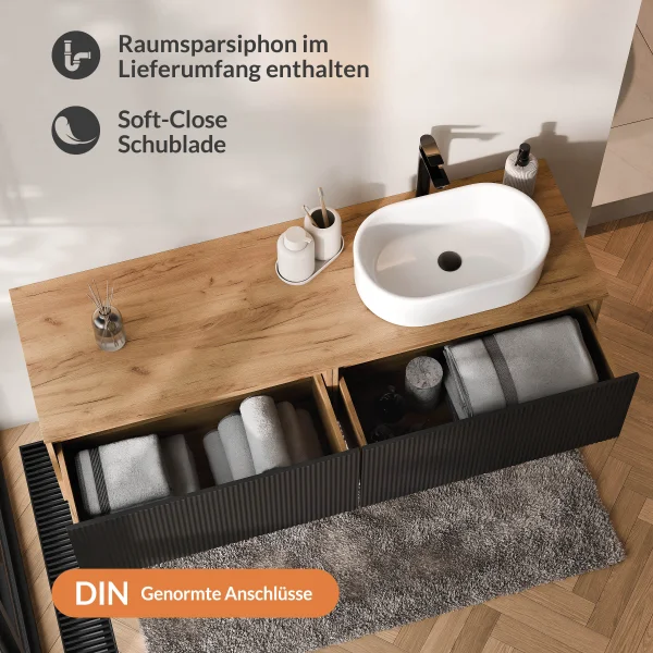 ARISA Double Vanity Unit, 160 cm, in Black Ribbed with a 55 cm White Ceramic Countertop Sink