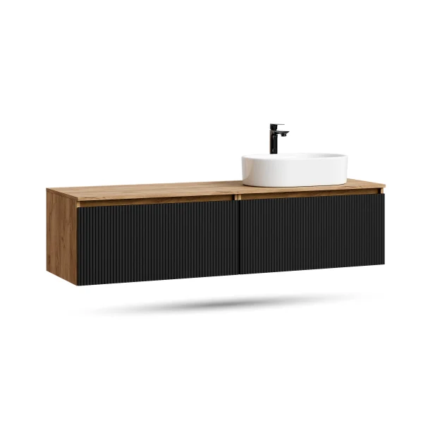 ARISA Double Vanity Unit, 160 cm, in Black Ribbed with a 55 cm White Ceramic Countertop Sink