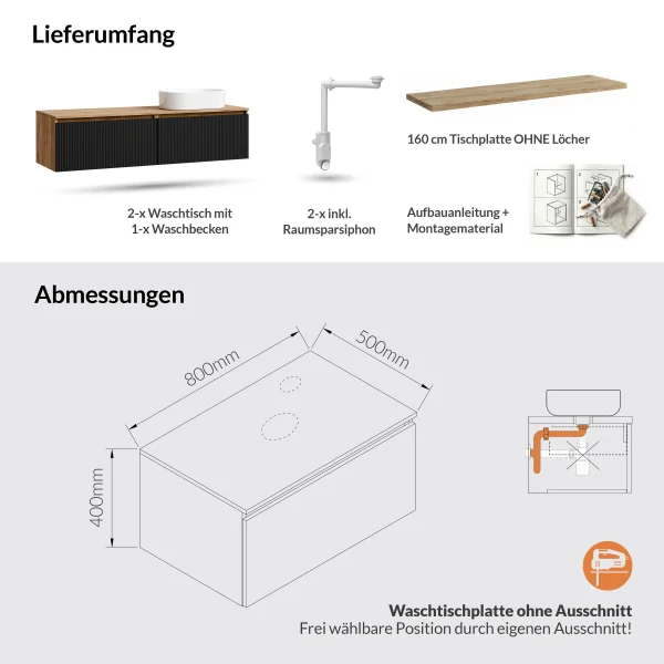 ARISA Double Vanity Unit, 160 cm, in Black Ribbed with a 55 cm White Ceramic Countertop Sink