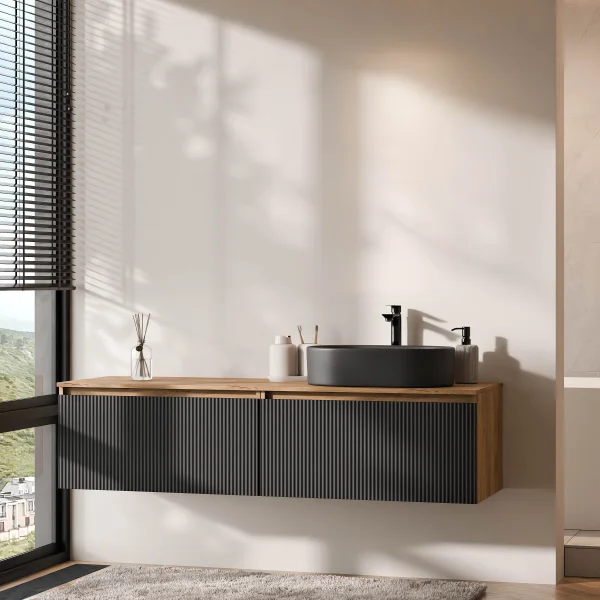 Meuble-lavabo double ARISA 160 cm, noir strié, avec une vasque en céramique noire de 55 cm