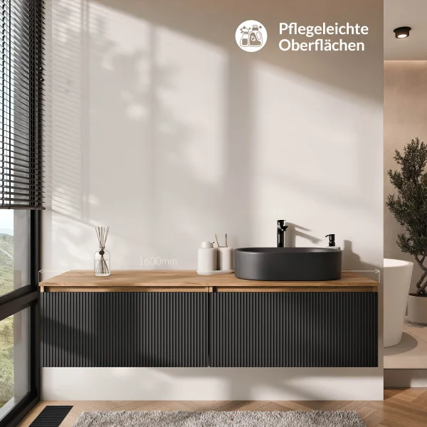 Meuble-lavabo double ARISA 160 cm, noir strié, avec une vasque en céramique noire de 55 cm