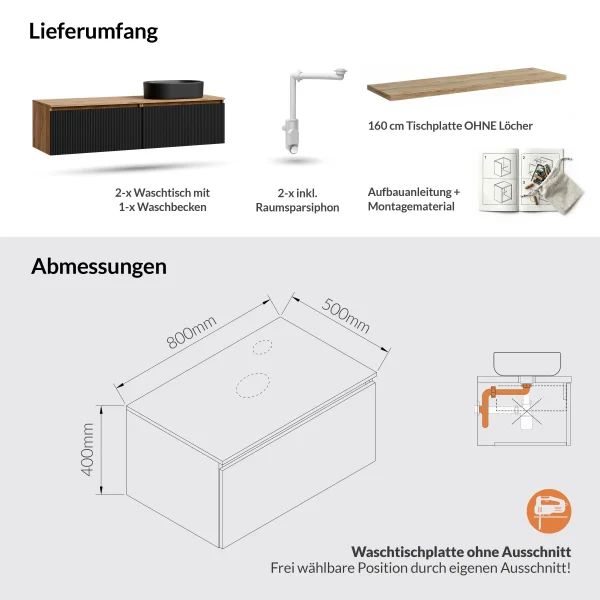 Meuble-lavabo double ARISA 160 cm, noir strié, avec une vasque en céramique noire de 55 cm