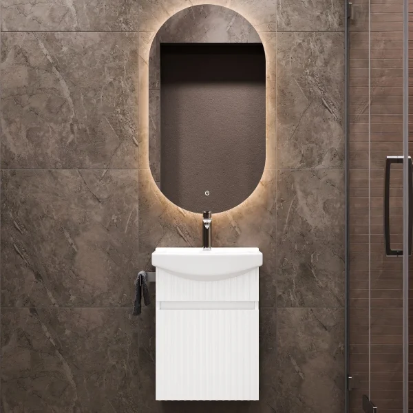 Ensemble de meubles de salle de bains avec miroir ovale Wega 45 cm, blanc mat