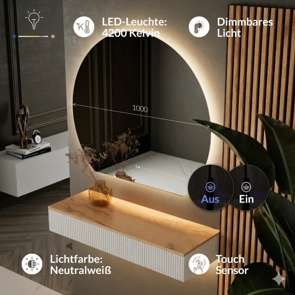 AMYRA Konsolentisch 100 cm in Gold Eiche / Weiß mit LED Spiegel AUBE 100 cm