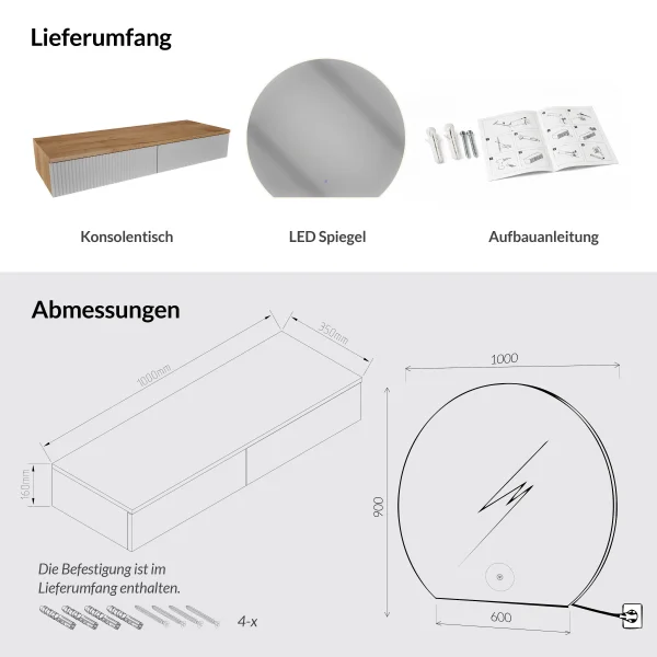 AMYRA Konsolentisch 100 cm in Gold Eiche / Weiß mit LED Spiegel AUBE 100 cm