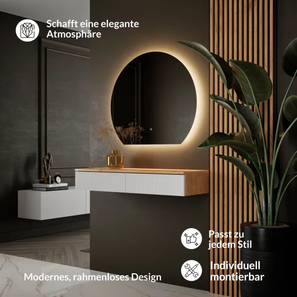 Tavolino AMYRA da 100 cm in rovere dorato / bianco con specchio LED AUBE da 80 cm