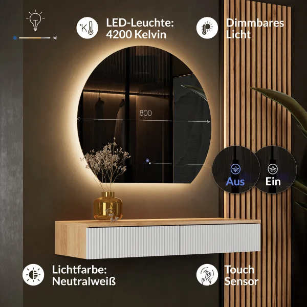Tavolino AMYRA da 100 cm in rovere dorato / bianco con specchio LED AUBE da 80 cm