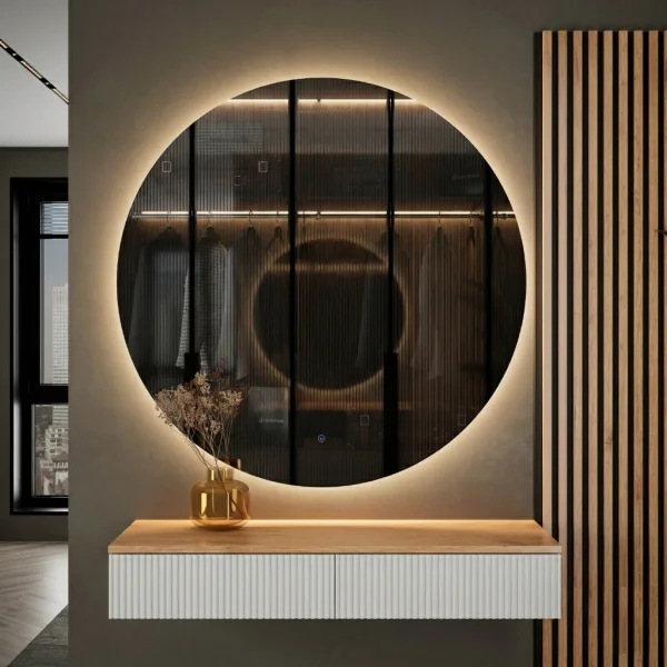 Table console AMYRA 100 cm en chêne doré / blanc avec miroir LED NOVA 100 cm