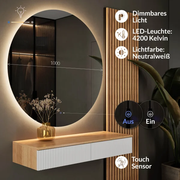 Table console AMYRA 100 cm en chêne doré / blanc avec miroir LED NOVA 100 cm