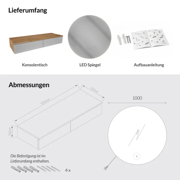 Table console AMYRA 100 cm en chêne doré / blanc avec miroir LED NOVA 100 cm