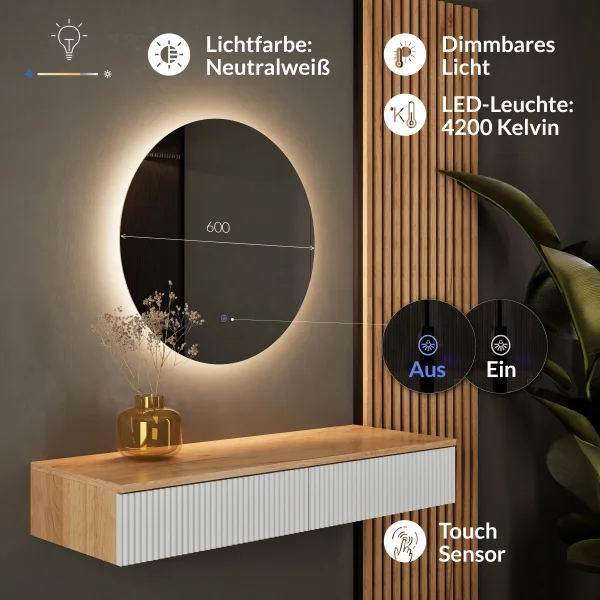 Table console AMYRA 100 cm en chêne doré / blanc avec miroir LED NOVA 60 cm