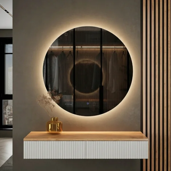 Table console AMYRA 100 cm en chêne doré / blanc avec miroir LED NOVA 80 cm