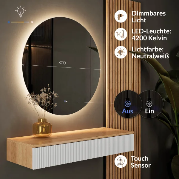 Table console AMYRA 100 cm en chêne doré / blanc avec miroir LED NOVA 80 cm