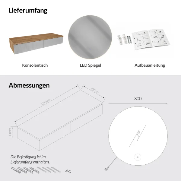 Table console AMYRA 100 cm en chêne doré / blanc avec miroir LED NOVA 80 cm