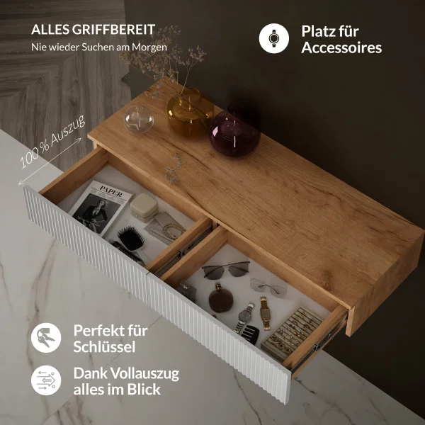 Table console AMYRA 100 cm en chêne doré / blanc avec miroir LED VELUNA 80 cm