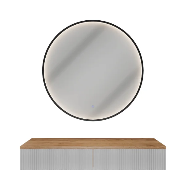 Table console AMYRA 100 cm en chêne doré / blanc avec miroir LED VELUNA 80 cm
