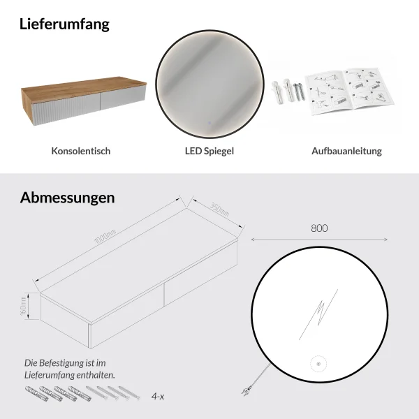 Table console AMYRA 100 cm en chêne doré / blanc avec miroir LED VELUNA 80 cm
