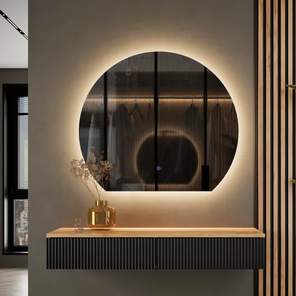 AMYRA Console Table 100 cm in Gold Oak / Black with AUBE 80 cm LED Mirror