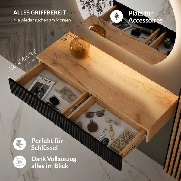AMYRA Console Table 100 cm in Gold Oak / Black with AUBE 80 cm LED Mirror