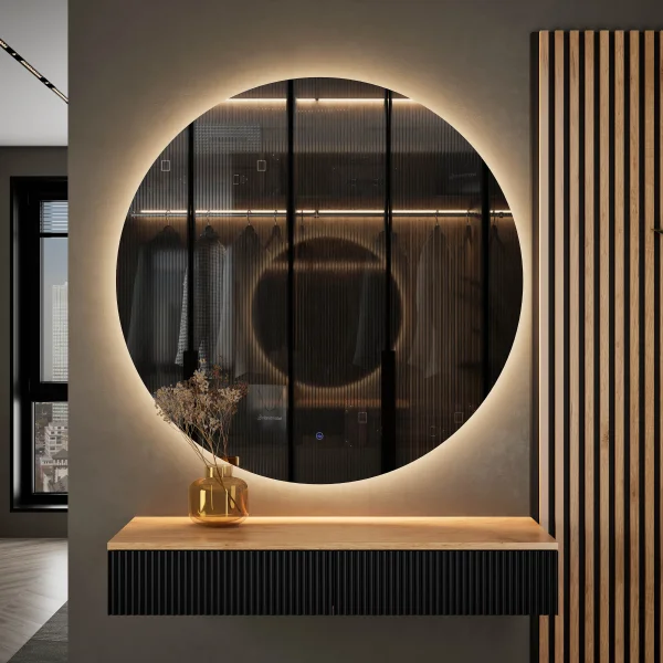 Table console AMYRA 100 cm en chêne doré / noir avec miroir LED NOVA 100 cm