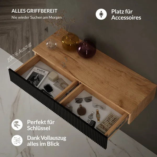 Table console AMYRA 100 cm en chêne doré / noir avec miroir LED NOVA 100 cm