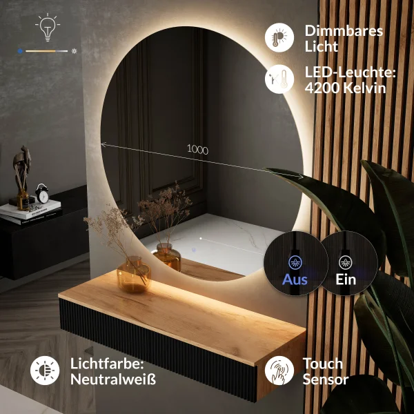 Table console AMYRA 100 cm en chêne doré / noir avec miroir LED NOVA 100 cm